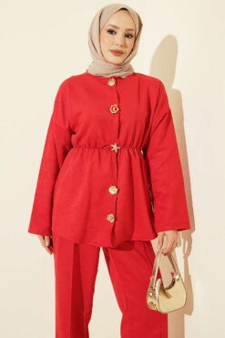 Alternative view of Elastic Waist Star Gold Button Two-Piece Set Red