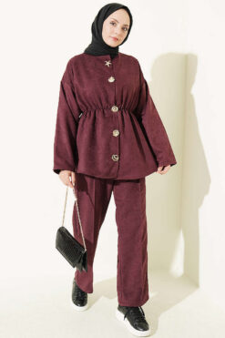 Elastic Waist Star Gold Button Two-Piece Set Plum