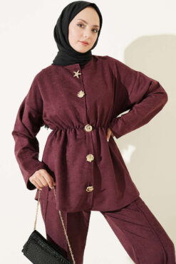 Alternative view of Elastic Waist Star Gold Button Two-Piece Set Plum