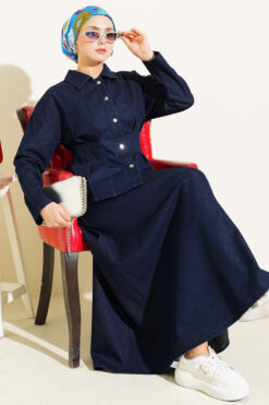 Belted Snap Button Denim Two-Piece Set with Hem Edge Navy Blue