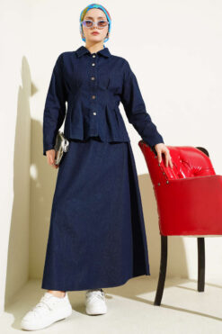 Alternative view of Belted Snap Button Denim Two-Piece Set with Hem Edge Navy Blue