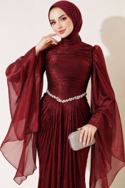 Alternative view of Waist-Accented Draped Evening Gown Burgundy
