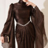 Waist-Accented Draped Evening Gown Brown