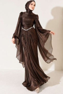 Alternative view of Waist-Accented Draped Evening Gown Brown