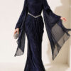 Waist-Accented Draped Evening Gown Navy Blue