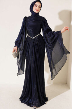 Alternative view of Waist-Accented Draped Evening Gown Navy Blue