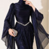 Waist-Accented Draped Evening Gown Navy Blue - immagine 4