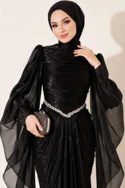 Alternative view of Waist-Accented Draped Evening Gown Black
