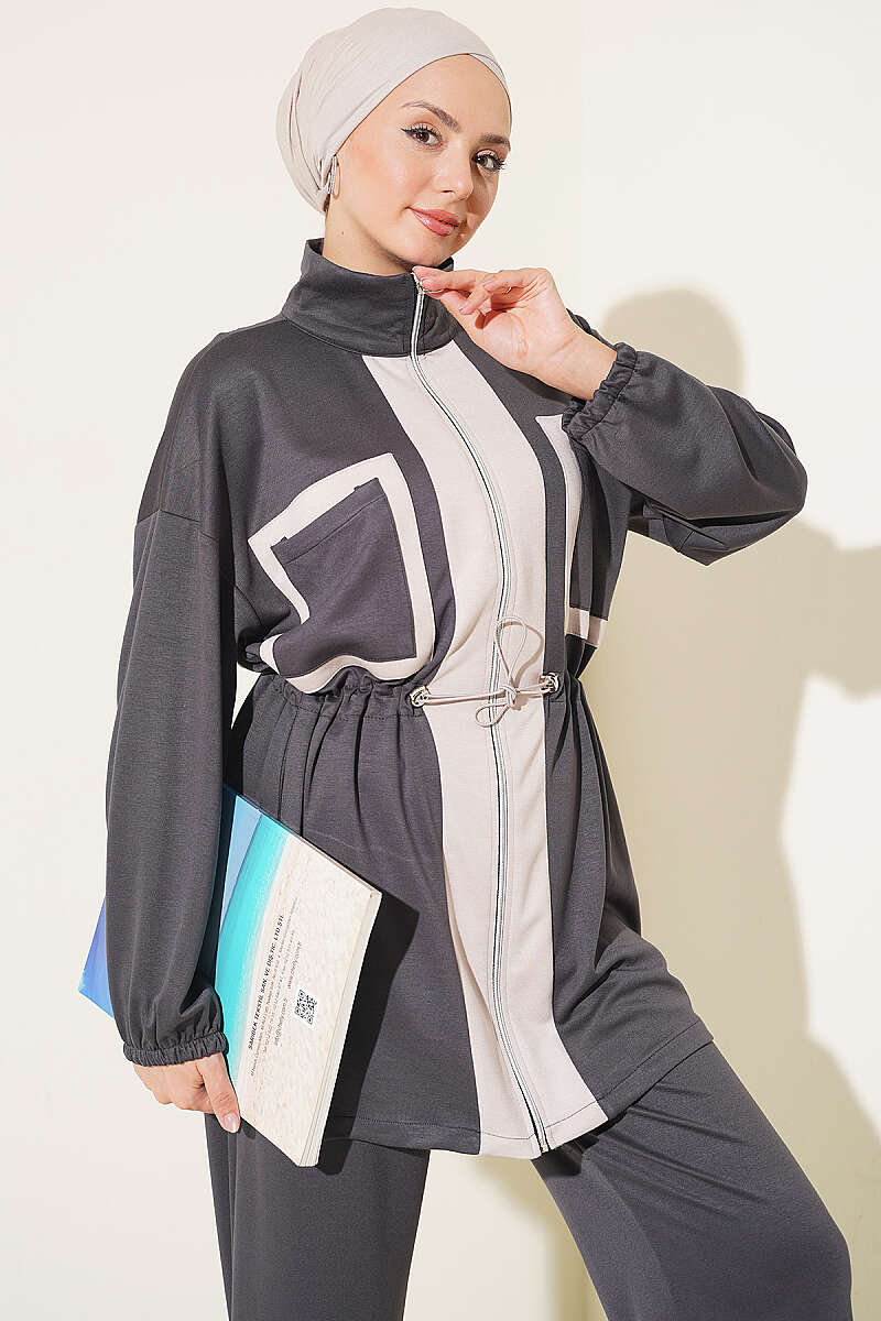 Waistbanded Pocket Garnished French Terry Two-Piece Set Smoke - Imagen 2