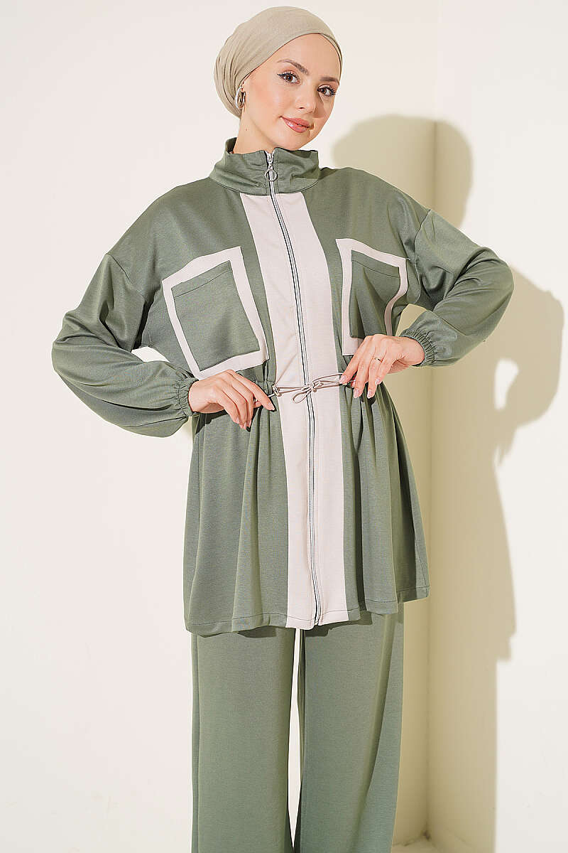 Waistbanded Pocket Garnished French Terry Two-Piece Set Khaki - Imagen 2