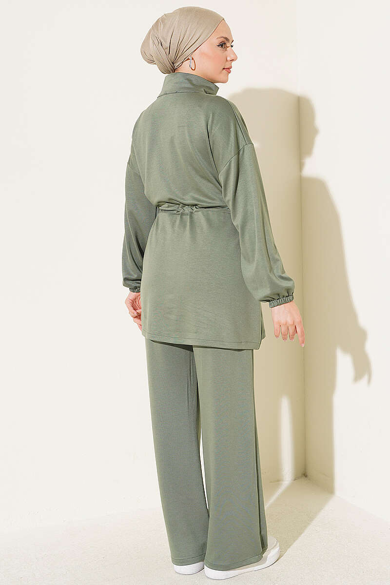 Waistbanded Pocket Garnished French Terry Two-Piece Set Khaki - Imagen 3