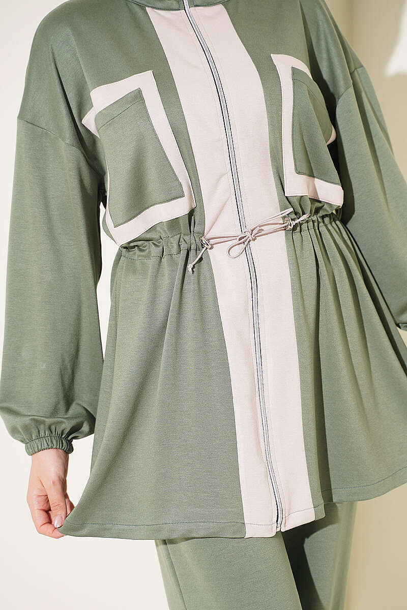 Waistbanded Pocket Garnished French Terry Two-Piece Set Khaki - Imagen 4