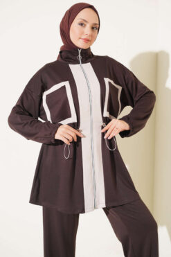 Alternative view of Waistbanded Pocket Garnished French Terry Two-Piece Set Brown