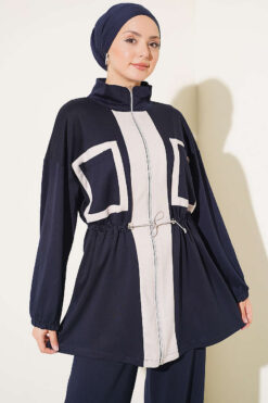 Alternative view of Waistbanded Pocket Garnished French Terry Two-Piece Set Navy Blue