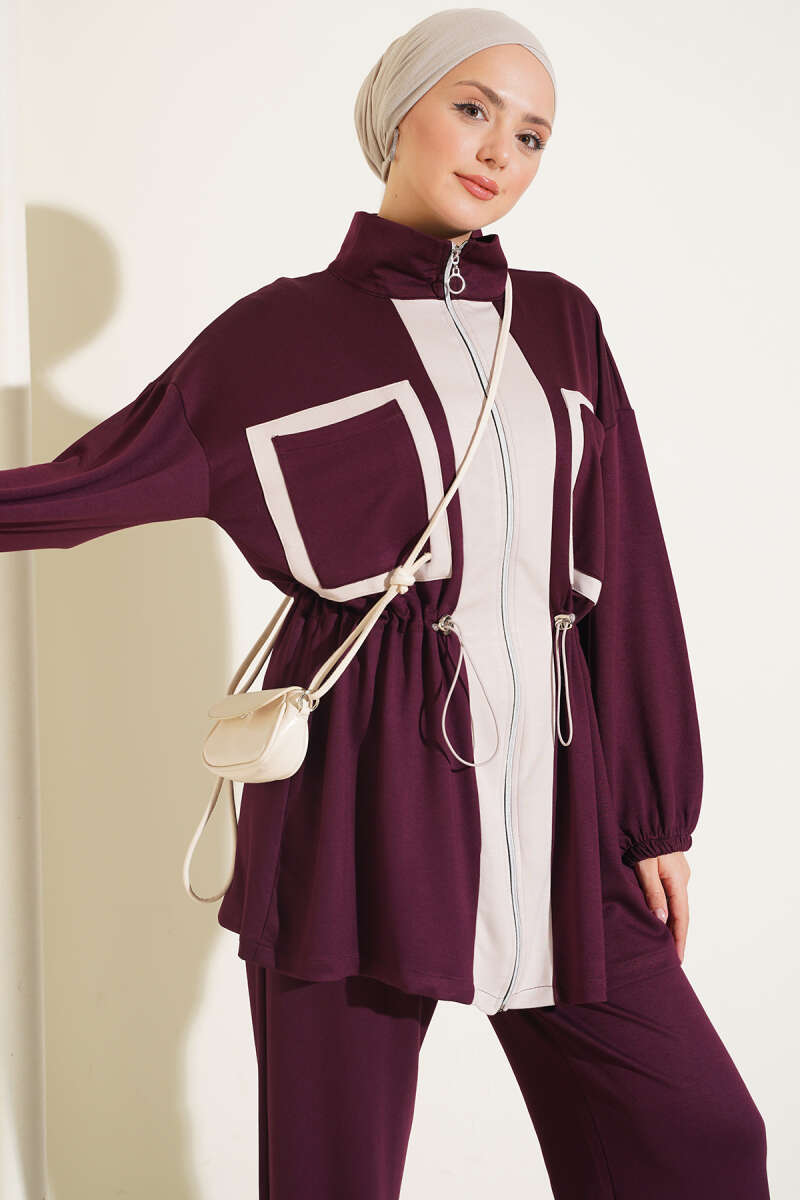 Waistbanded Pocket Garnished French Terry Two-Piece Set Plum - Imagen 2