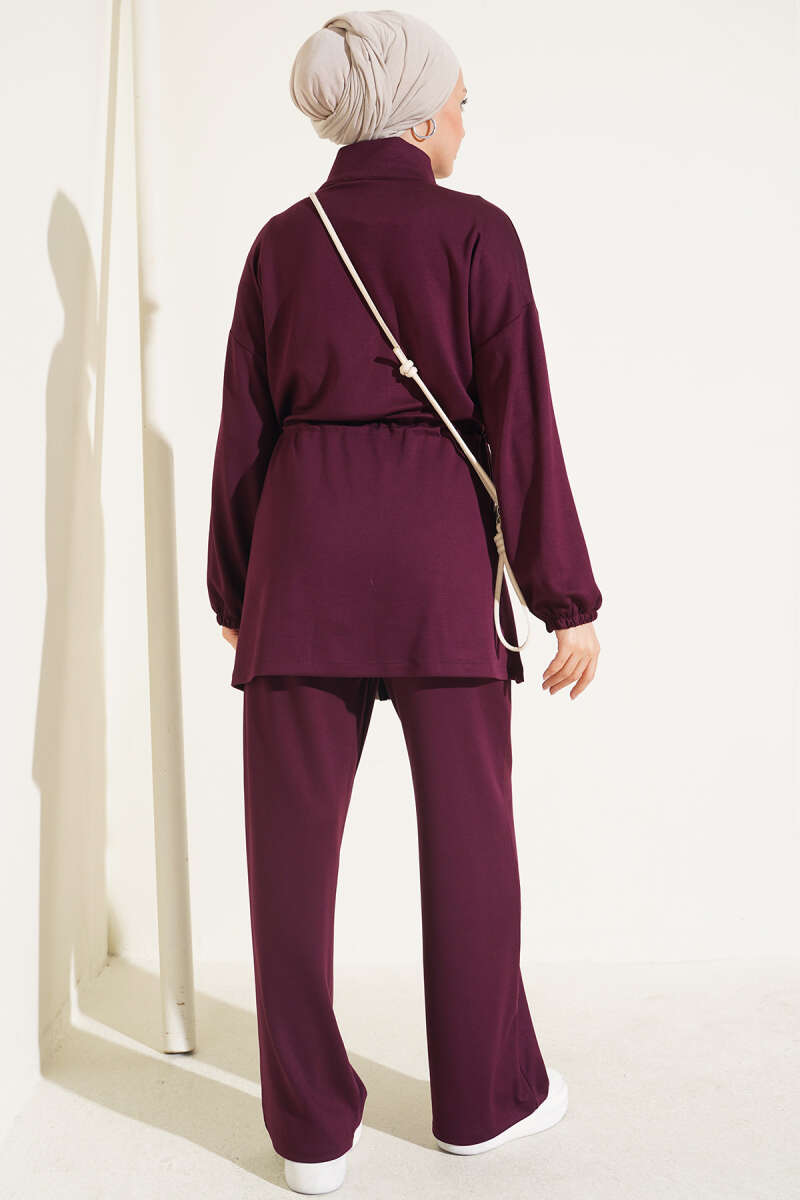 Waistbanded Pocket Garnished French Terry Two-Piece Set Plum - Imagen 3