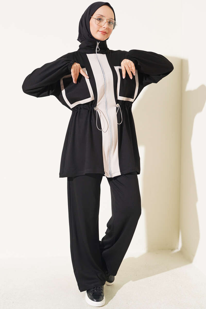 Waistbanded Pocket Garnished French Terry Two-Piece Set Black