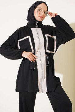 Alternative view of Waistbanded Pocket Garnished French Terry Two-Piece Set Black