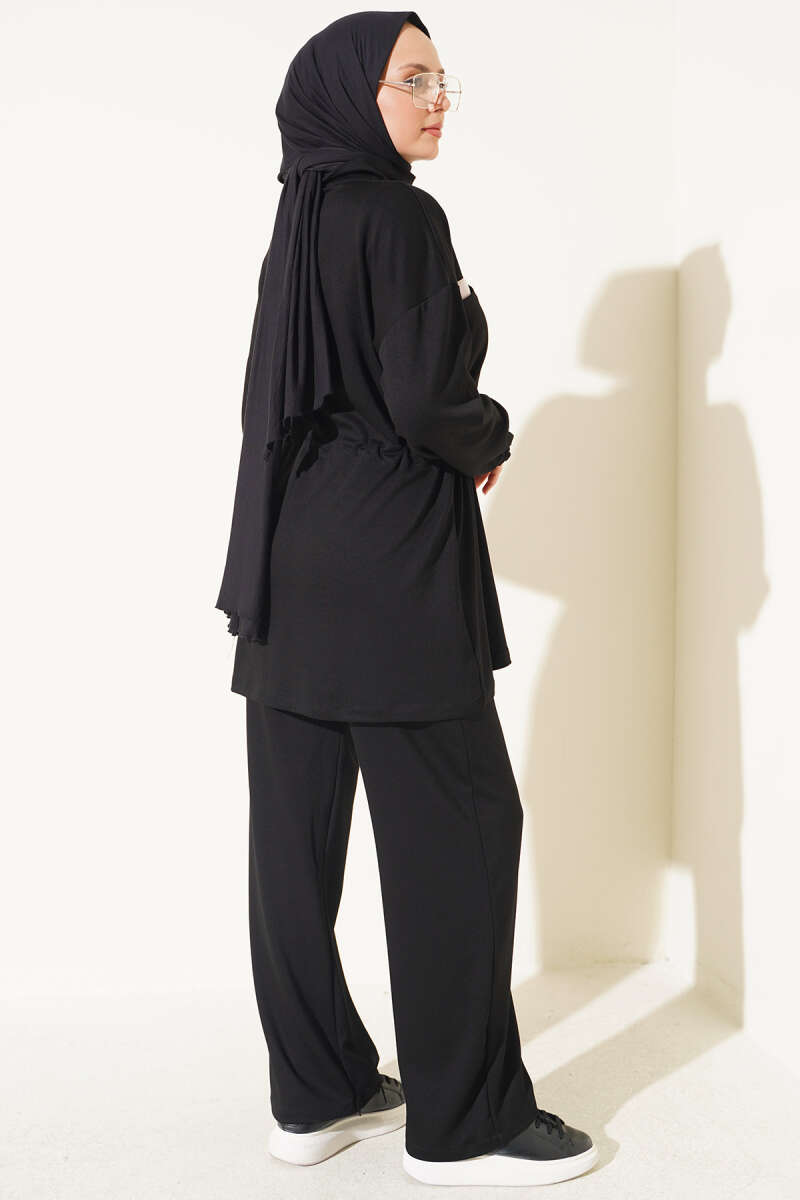 Waistbanded Pocket Garnished French Terry Two-Piece Set Black - الصورة 3