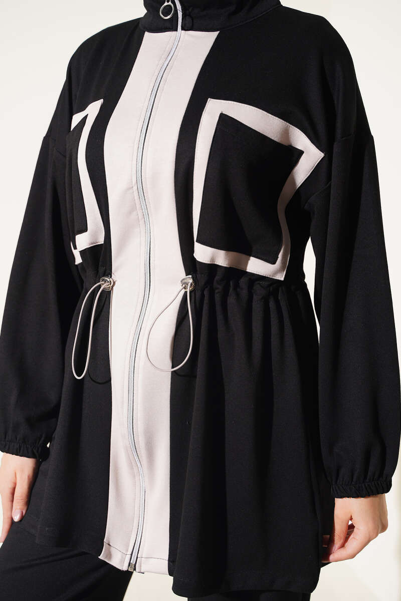 Waistbanded Pocket Garnished French Terry Two-Piece Set Black - الصورة 4