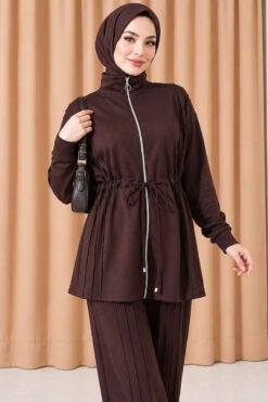 Alternative view of Waist-Elasticated Hem Edge French Terry Two-Piece Set Dark Brown