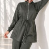 Waist-Elasticated Hem Edge French Terry Two-Piece Set Khaki - immagine 2