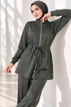 Alternative view of Waist-Elasticated Hem Edge French Terry Two-Piece Set Khaki