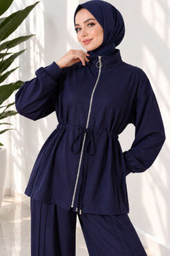 Alternative view of Waist-Elasticated Hem Edge French Terry Two-Piece Set Navy Blue