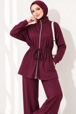 Alternative view of Waist-Elasticated Hem Edge French Terry Two-Piece Set Plum