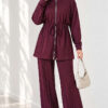 Waist-Elasticated Hem Edge French Terry Two-Piece Set Plum - Afbeelding 3