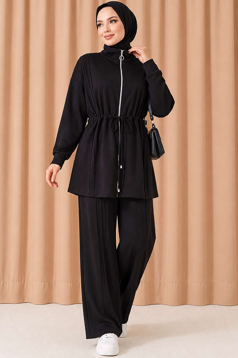 Waist-Elasticated Hem Edge French Terry Two-Piece Set Black – Image 2