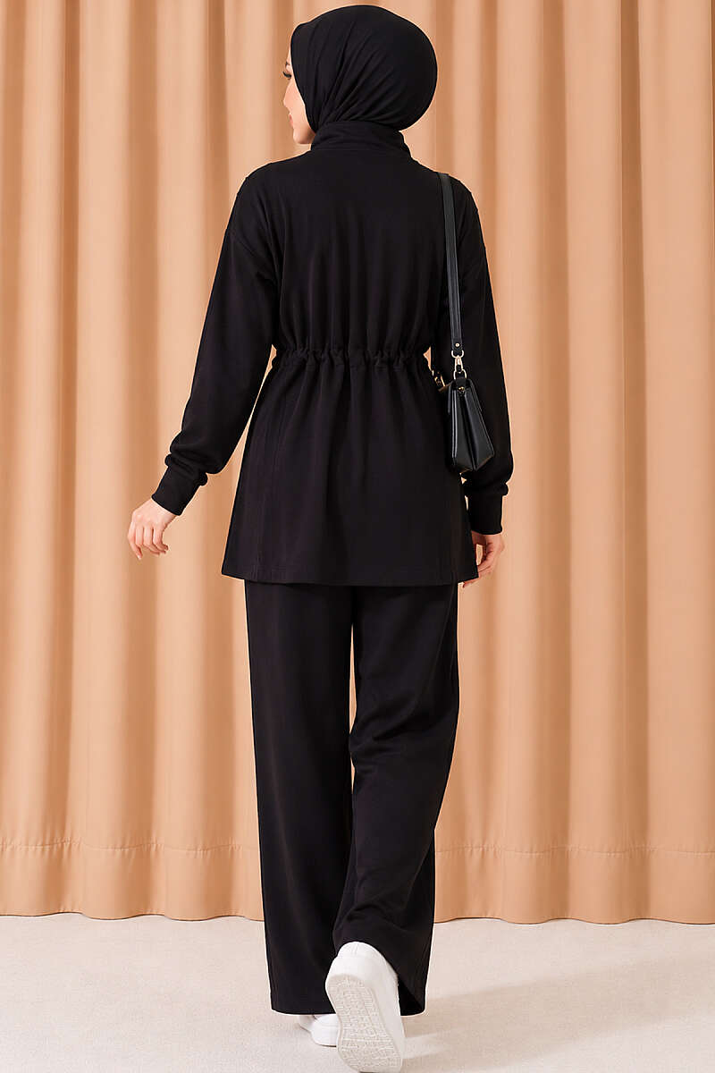 Waist-Elasticated Hem Edge French Terry Two-Piece Set Black – Image 3