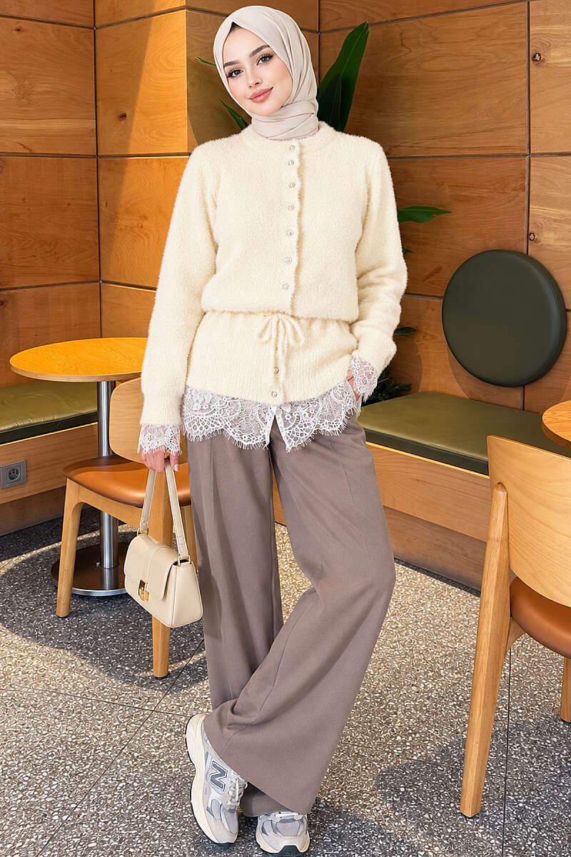 Waist-Tied Pearl-Trimmed Knit Cardigan Beige – Image 2