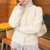 Waist-Tied Pearl-Trimmed Knit Cardigan Beige – Image 3