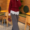 Waist-Tied Pearl-Trimmed Knit Cardigan Burgundy – Image 2