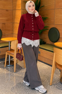 Alternative view of Waist-Tied Pearl-Trimmed Knit Cardigan Burgundy