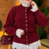 Waist-Tied Pearl-Trimmed Knit Cardigan Burgundy – Image 3