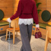 Waist-Tied Pearl-Trimmed Knit Cardigan Burgundy – Image 4