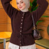 Waist-Tied Pearl-Trimmed Knit Cardigan Brown