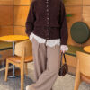 Waist-Tied Pearl-Trimmed Knit Cardigan Brown - الصورة 2