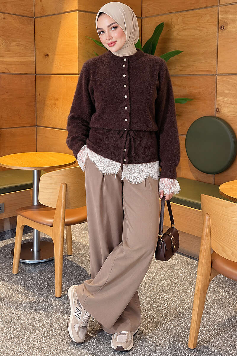 Waist-Tied Pearl-Trimmed Knit Cardigan Brown - الصورة 2