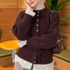 Waist-Tied Pearl-Trimmed Knit Cardigan Brown - الصورة 3