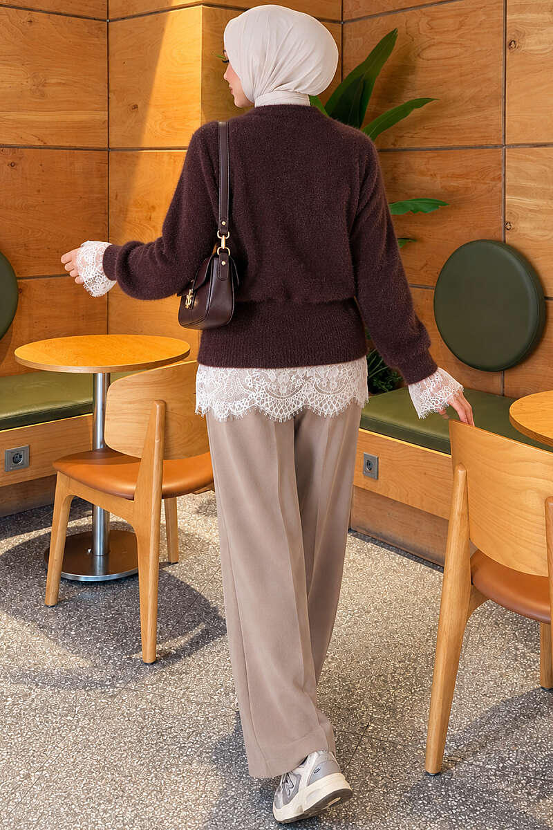 Waist-Tied Pearl-Trimmed Knit Cardigan Brown - الصورة 4
