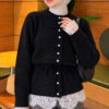 Waist-Tied Pearl-Trimmed Knit Cardigan Black