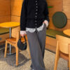 Waist-Tied Pearl-Trimmed Knit Cardigan Black - الصورة 2