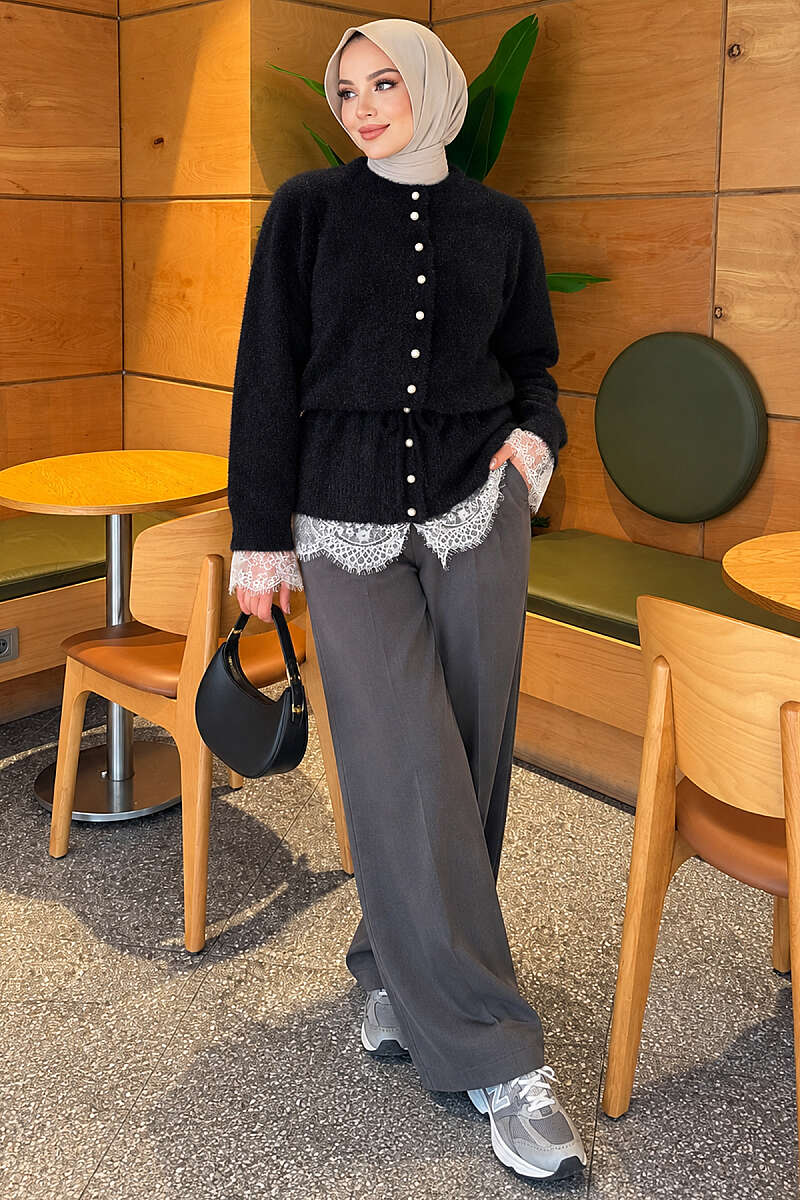 Waist-Tied Pearl-Trimmed Knit Cardigan Black - الصورة 2