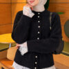 Waist-Tied Pearl-Trimmed Knit Cardigan Black - الصورة 3
