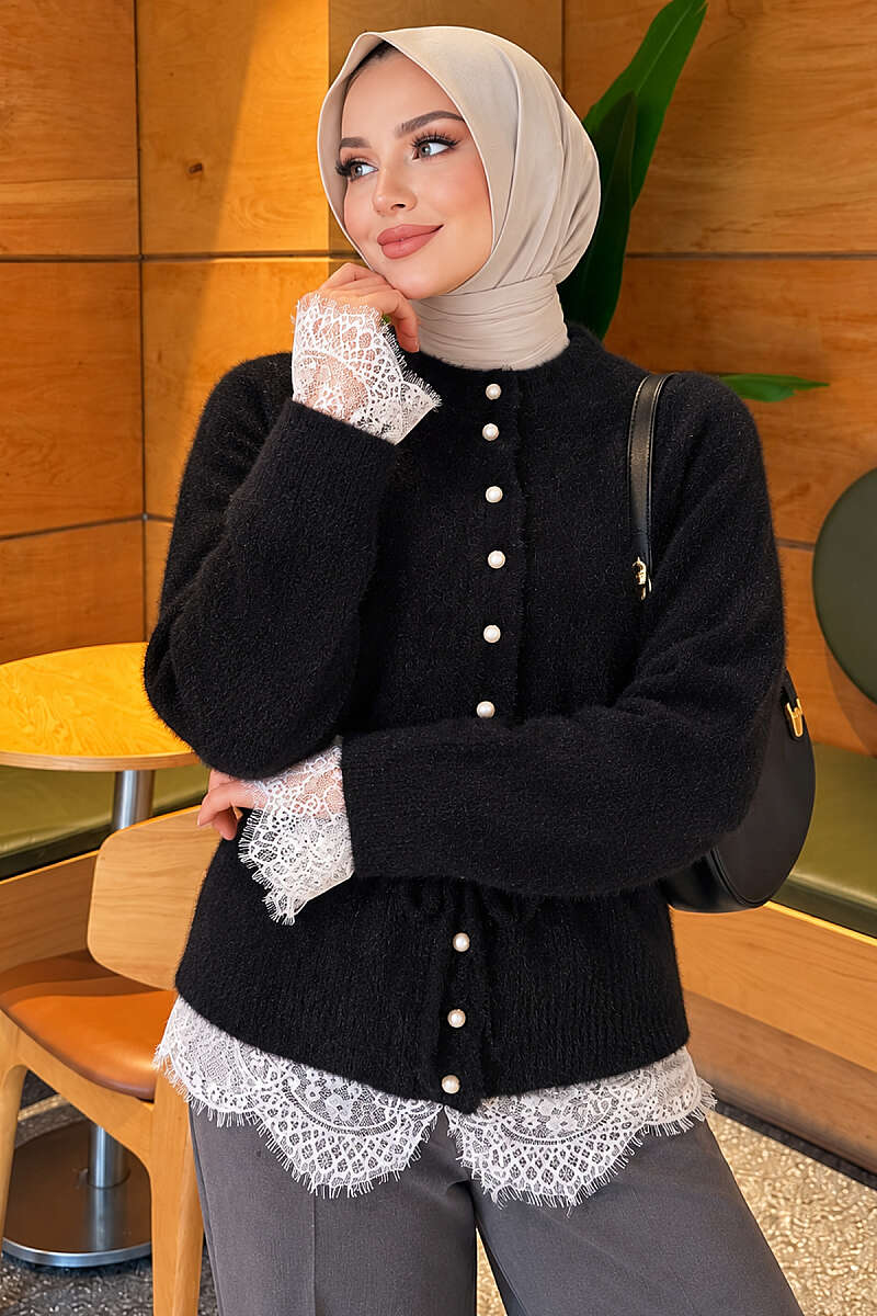 Waist-Tied Pearl-Trimmed Knit Cardigan Black - الصورة 3