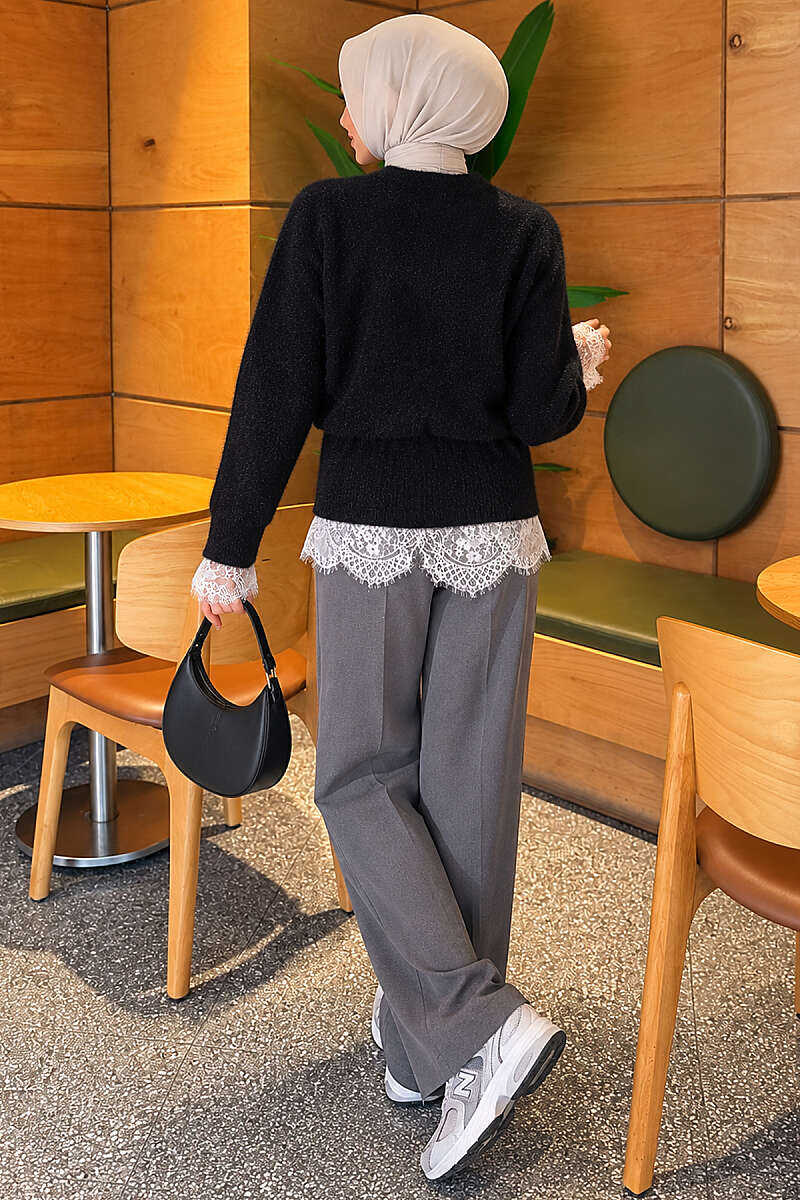 Waist-Tied Pearl-Trimmed Knit Cardigan Black - الصورة 4