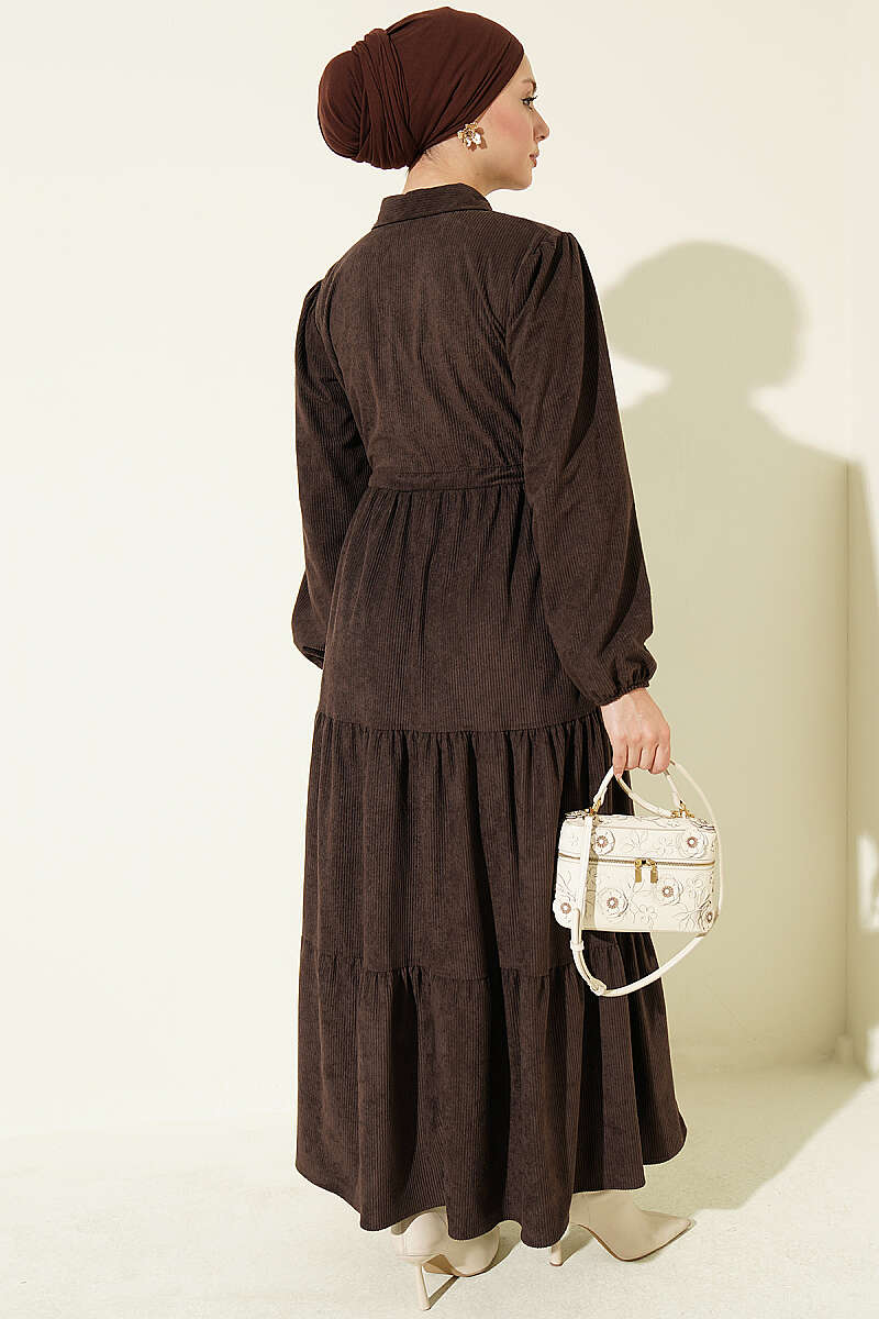 Waist-Tied Velvet Dress Brown - Imagen 3